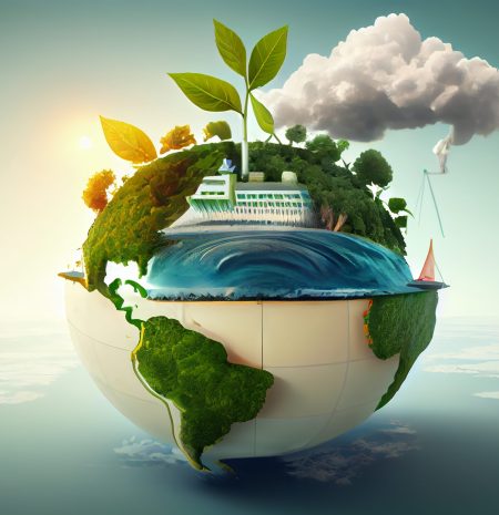 Ecology concept. Planet Earth with a cruise ship and green plant. Generative AI