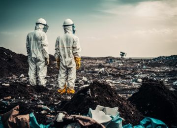Scientists - workers in chemicals protective suits investigate waste collectors with toxic chemicals in a landfill, environmental pollution, AI